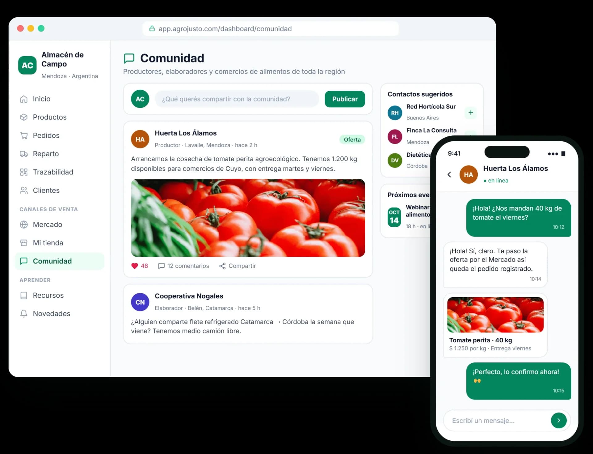 Comunidade da Agrojusto: publicações de produtores e chat com comércios