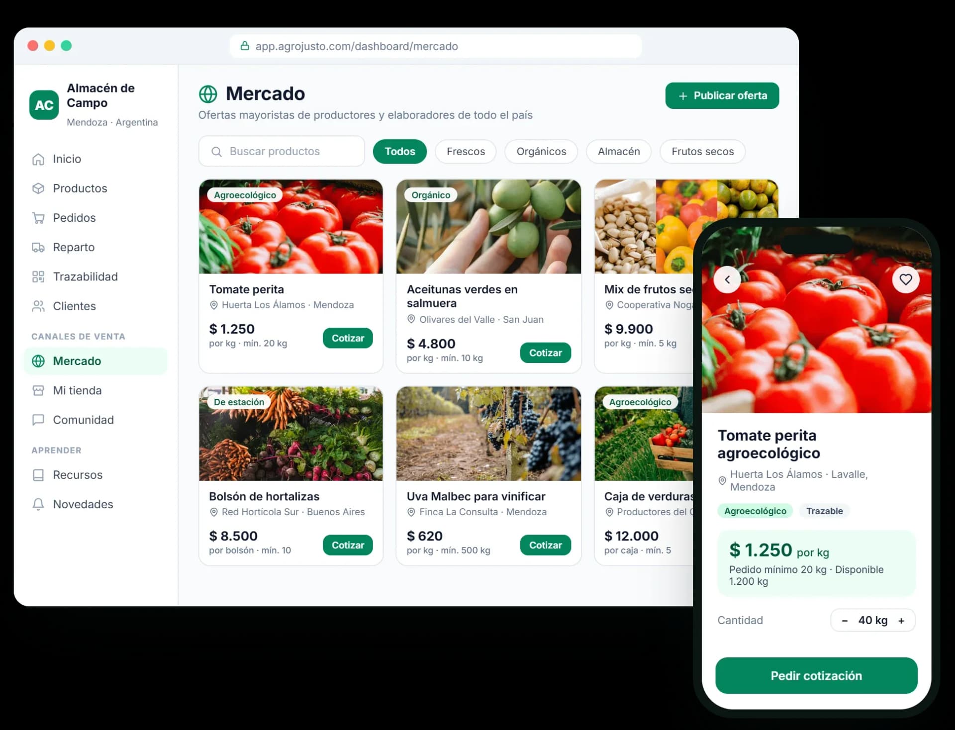 Mercado atacadista da Agrojusto: ofertas de produtores com preço por quilo e pedido mínimo